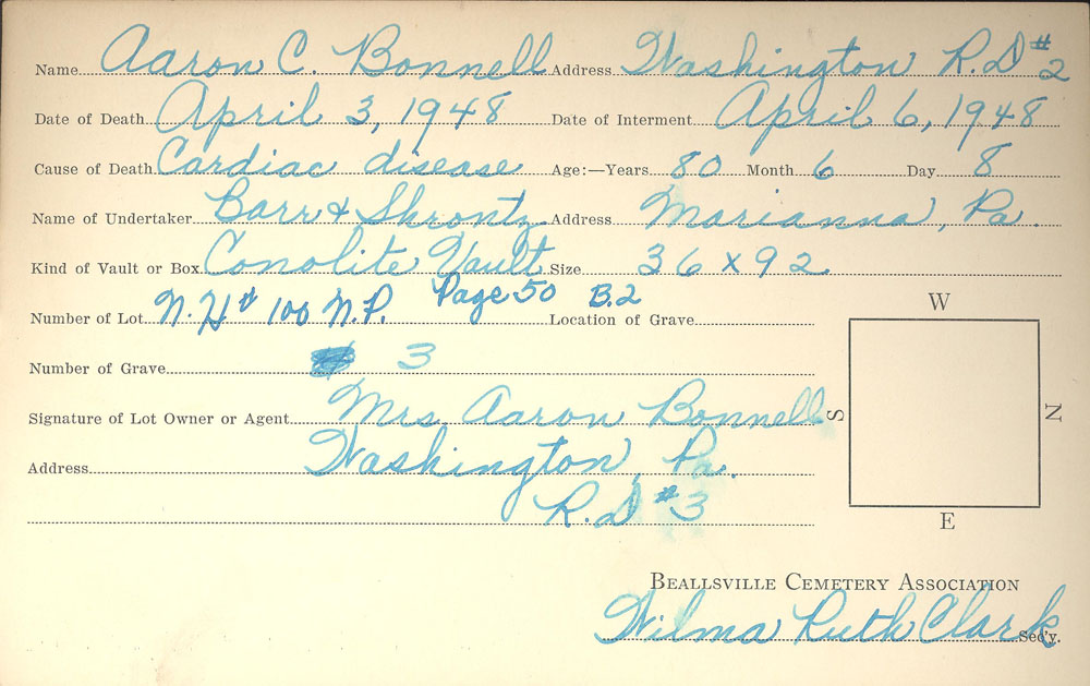 Aaron C. Bonnell burial card